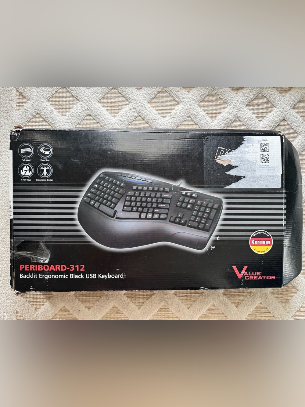 Perixx Periboard-312 Backlit Ergonomic Black USB Keyboard Full Sized 7 Hot Keys